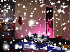 Bubbly redhead with a Santa s hat keeps her pink dress on While riding...