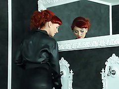 Red haired woman is sucking and riding a rock hard dick through a glor...